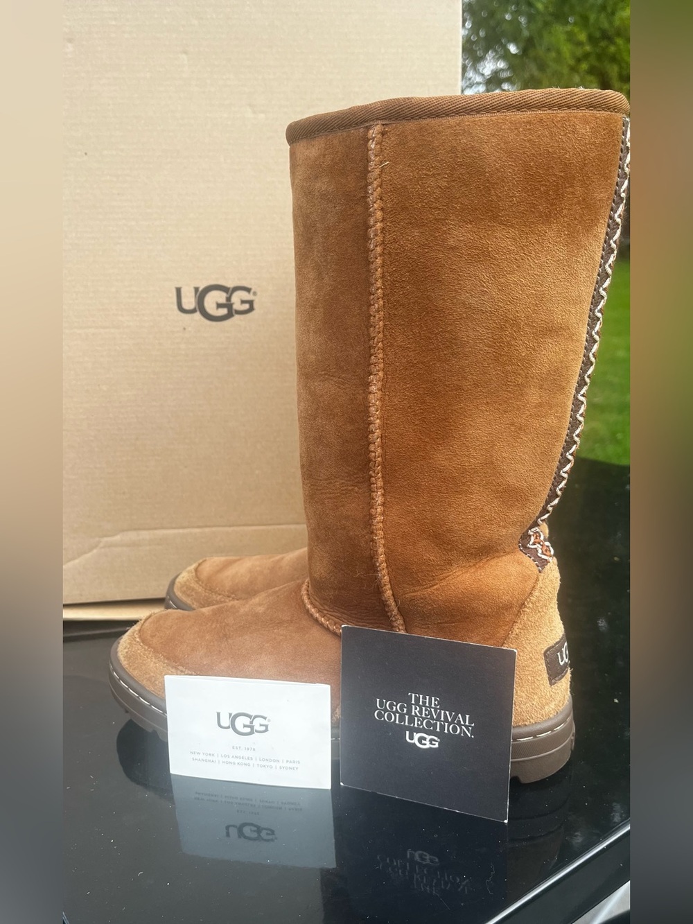 UGG Ultra Tall Revival boots in Chestnut with Tasman Braided detail size 7